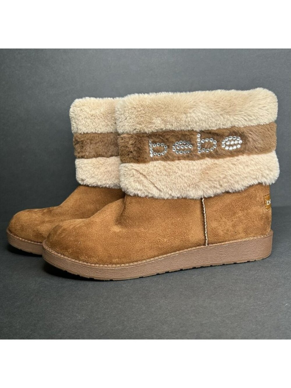 Bebe Laverne Boots Womens Size 6.5 Brown Faux Fur Mid Calf Rhinestone Logo Cozy